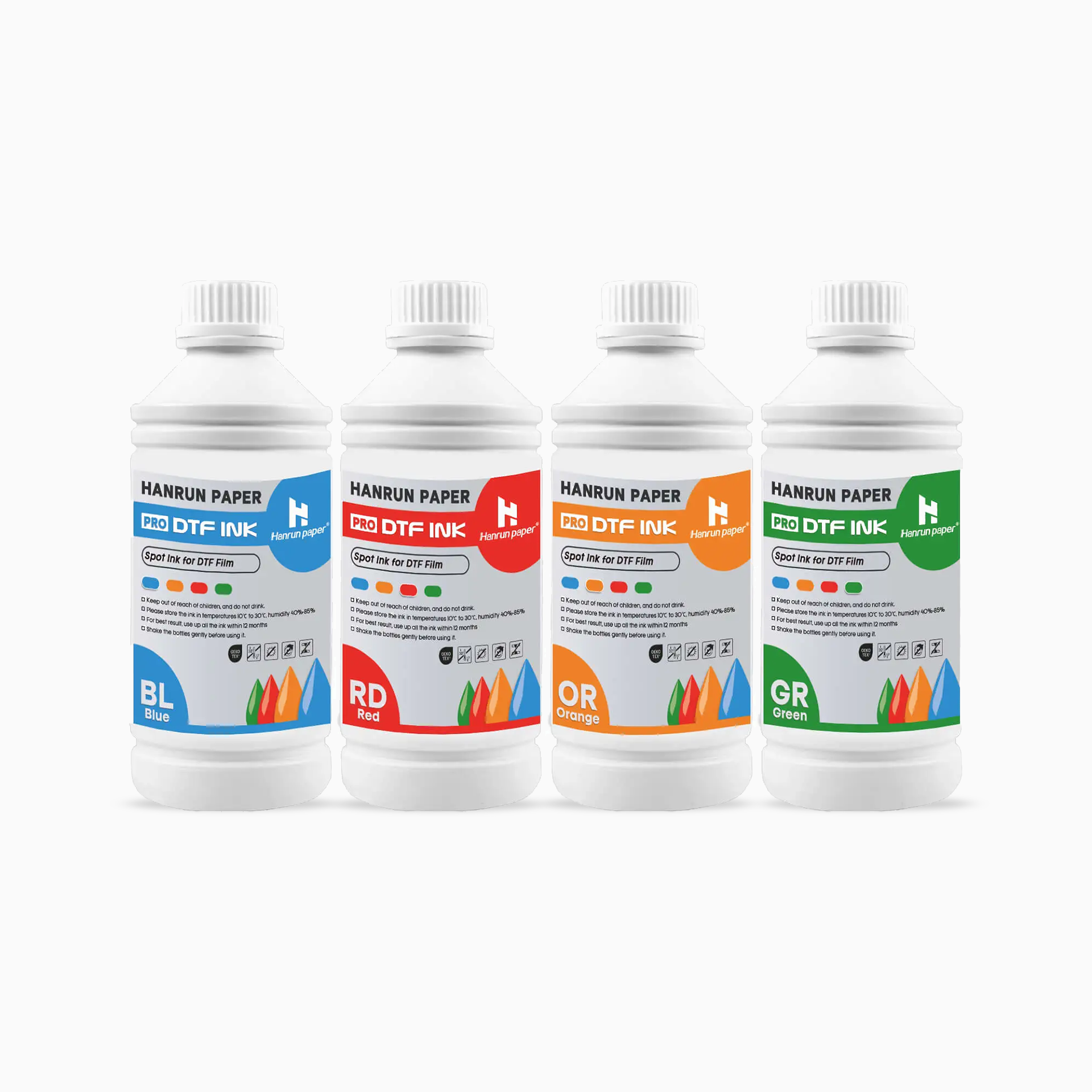Encre RVBOR Hanrun PRO DTF - Orange, Bleu, Rouge, Vert (1L)